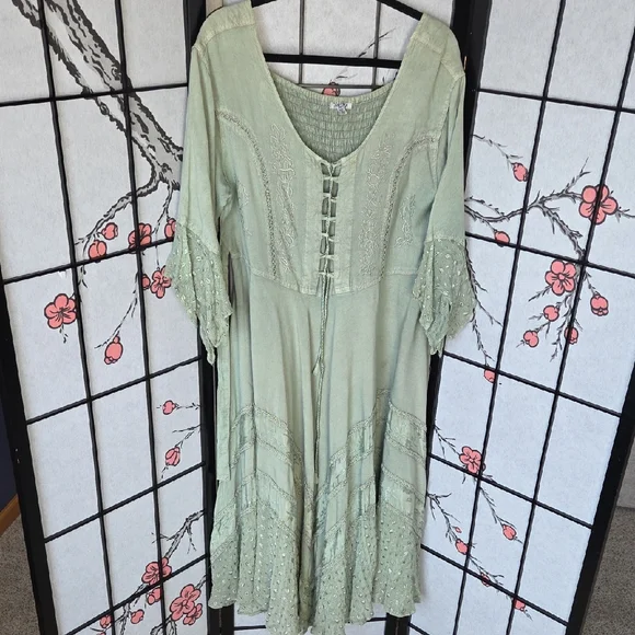 Sapogee Bohemian Dress with Corset Bodice Lace Detail Free Size Sage Green - Picture 1 of 16